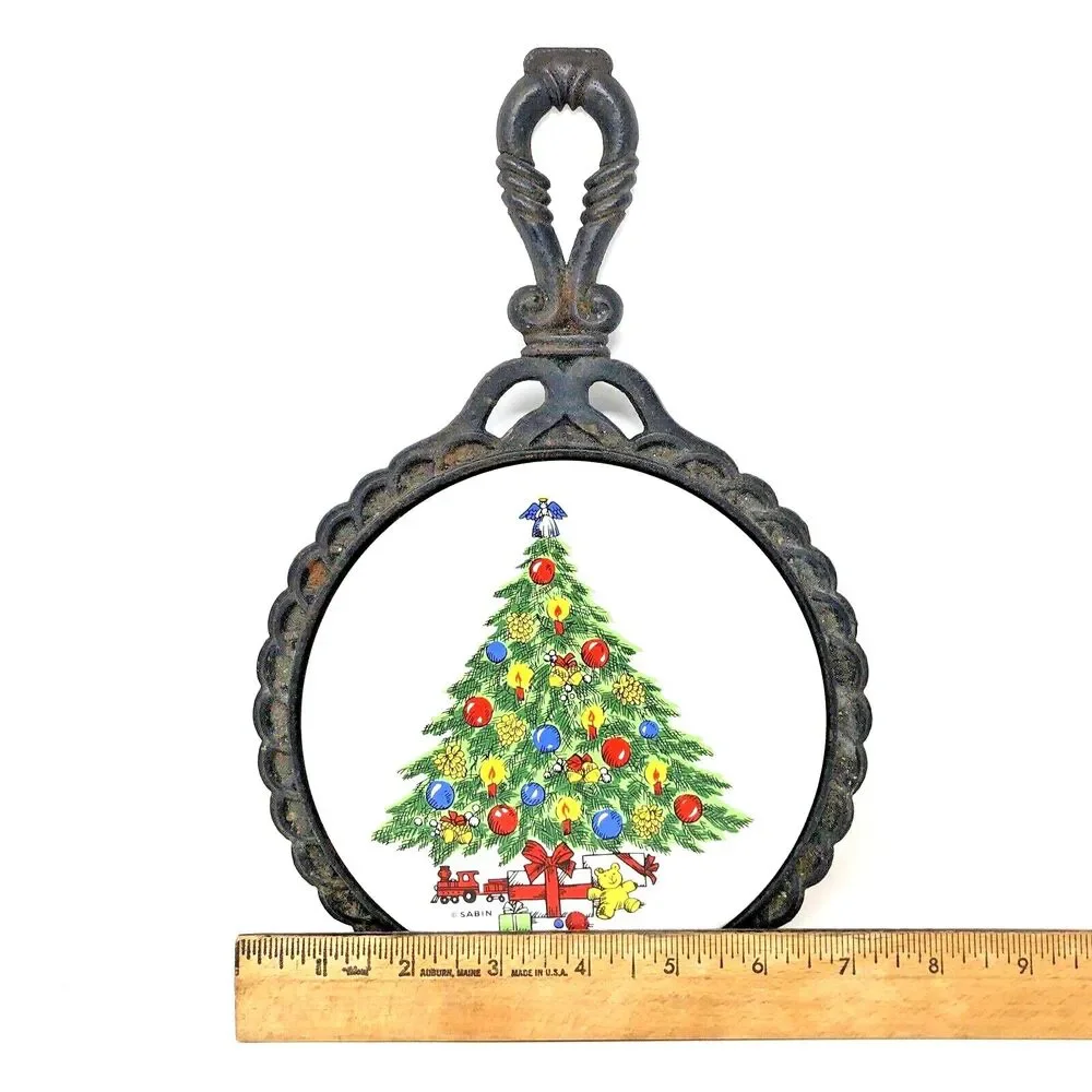 Vintage Cast Iron Trivet 1984 Christmas Tree Ceramic Tile Carlton Mid State USA